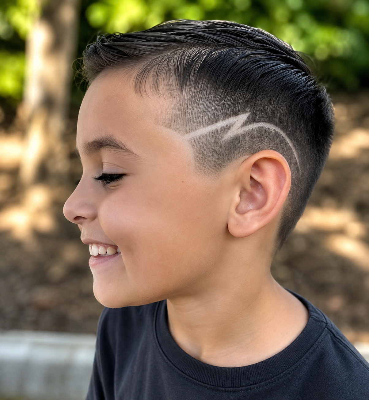 Young boy with a fresh fade and a lightning bolt hair design